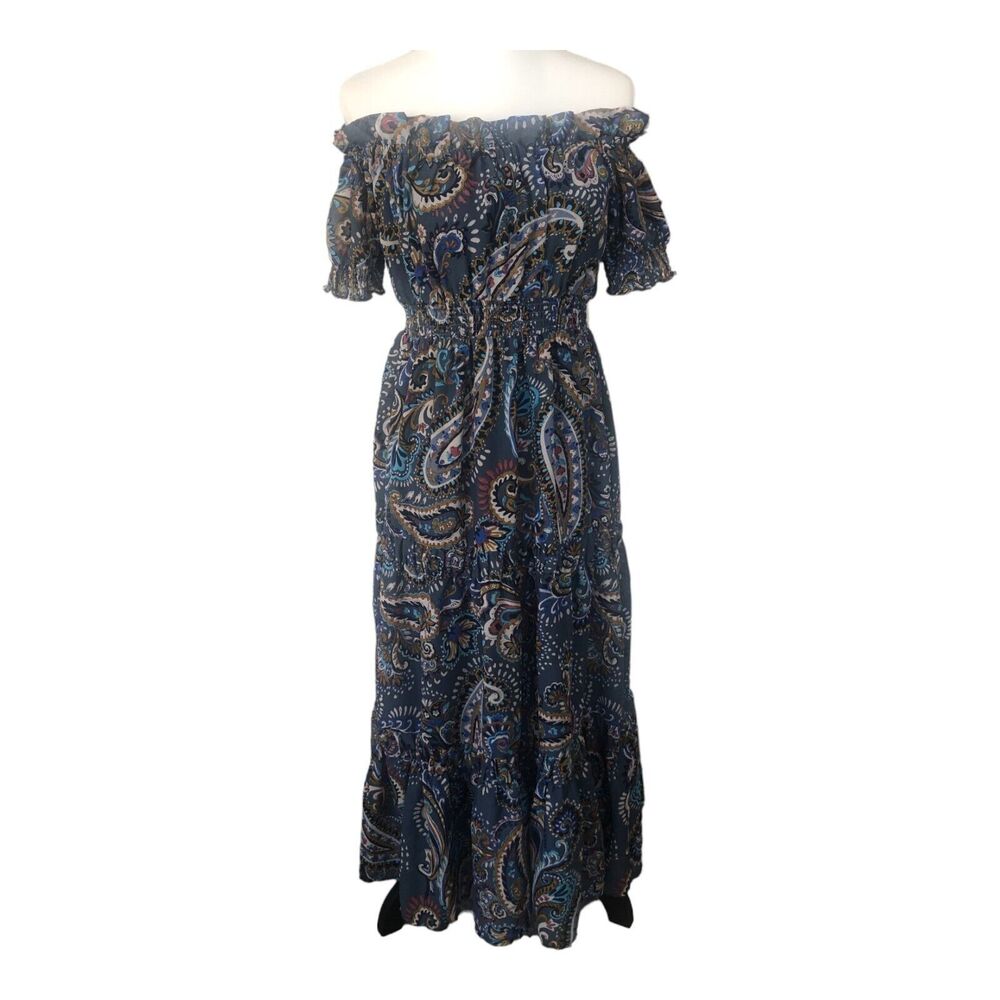 Her Destiny Navy Paisley Off-The-Shoulder Tiered Sunny Maxi Dress Petite Small